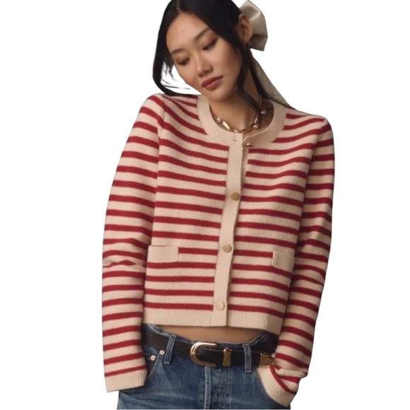 Anthropologie x NVLT Red & Cream Classic Striped Cardigan gold buttons, size XS - Picture 4 of 12